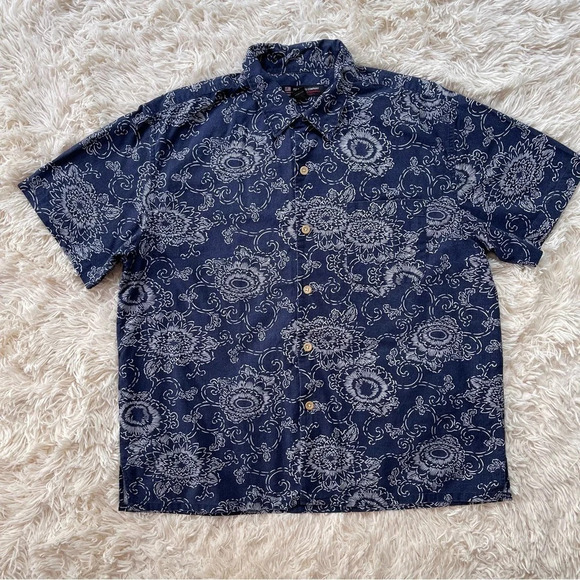 Vintage Polo Jeans Company Shirt Navy Blue Floral Short Sleeve calico size M - Picture 1 of 7